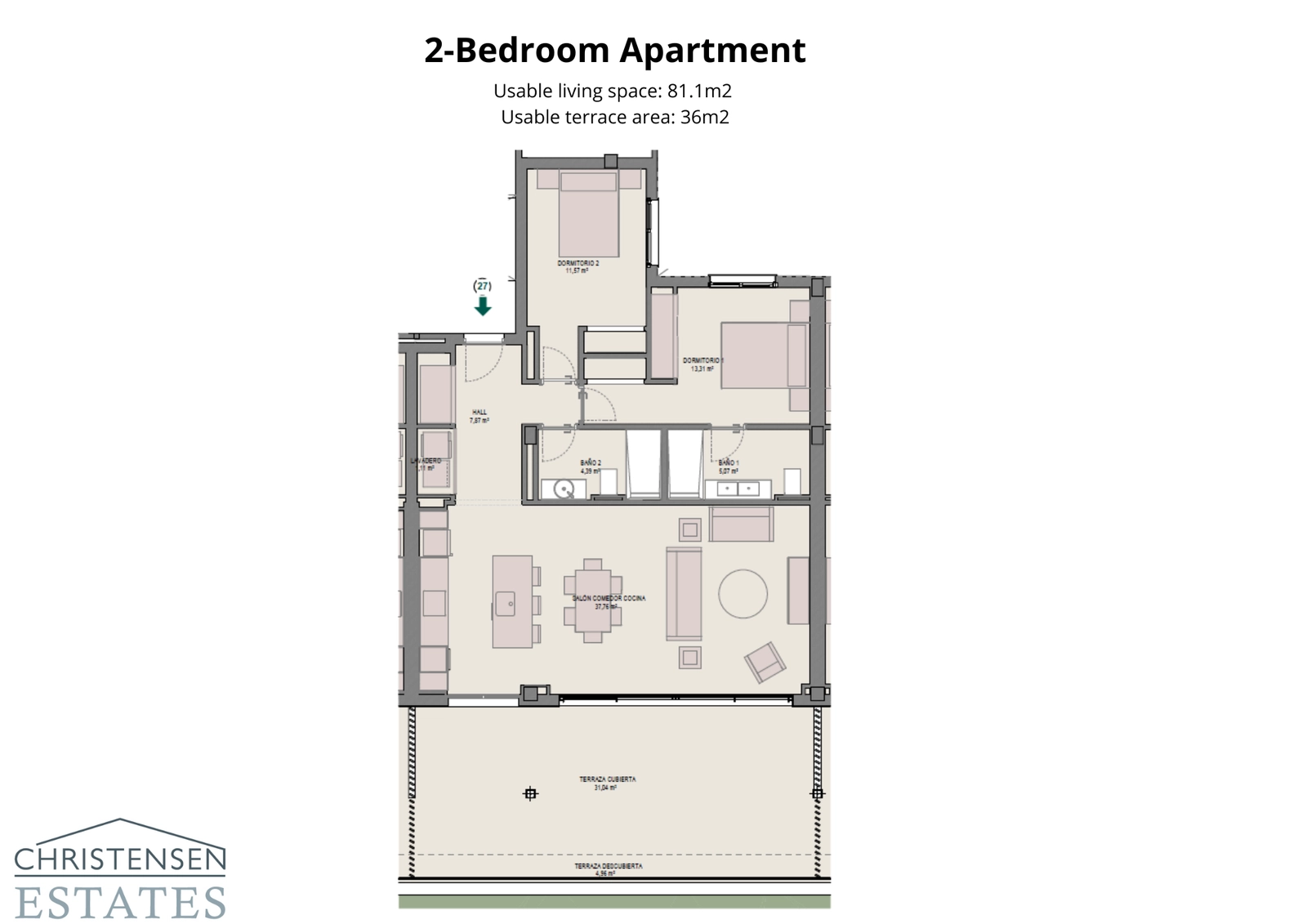 Floor plan for a two-bedroom apartment, showing an intelligent layout with an open-plan living area and a large terrace.