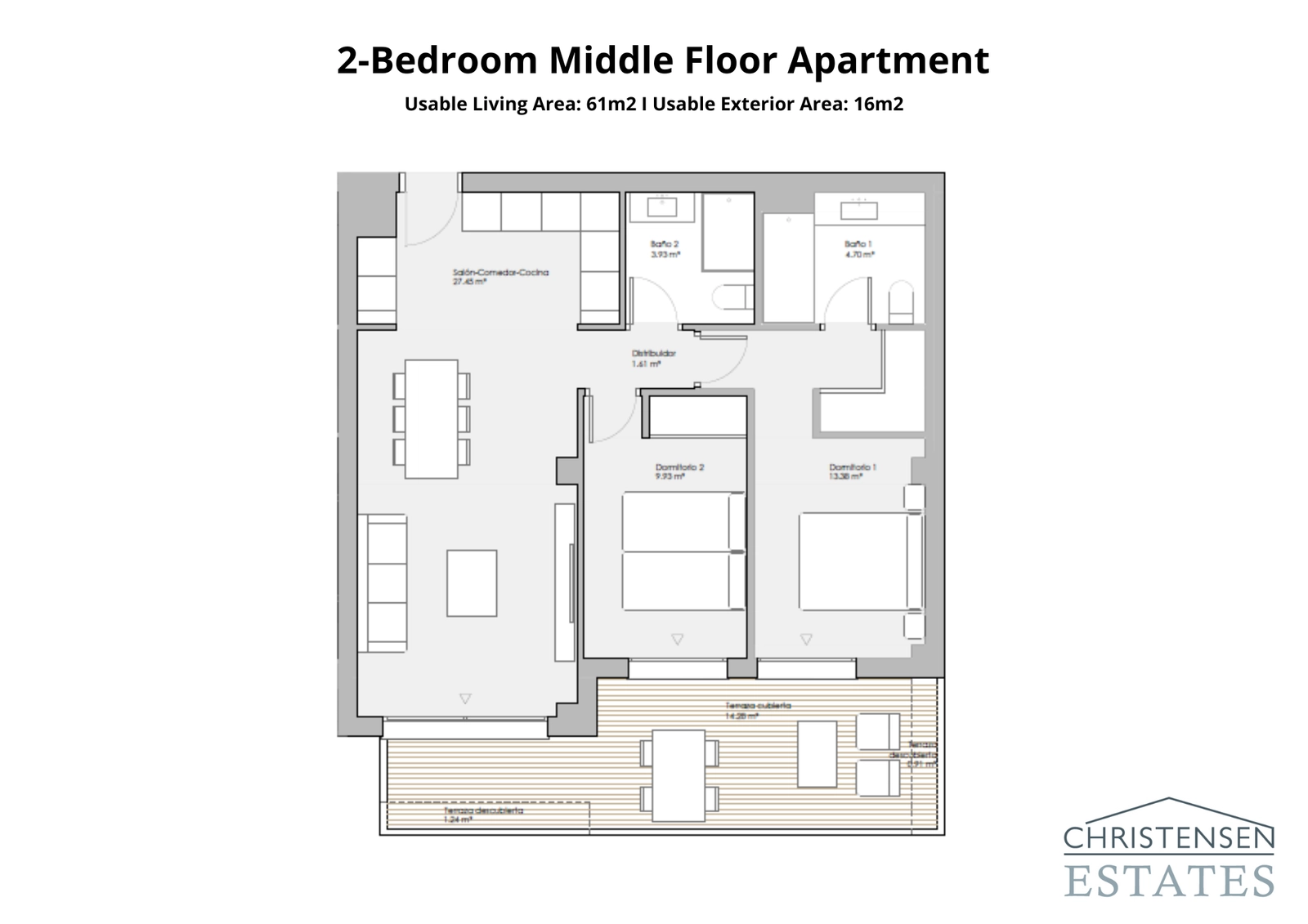 An intelligent two-bedroom design featuring an open-plan living area that extends onto a private terrace, ideal for enjoying the views.