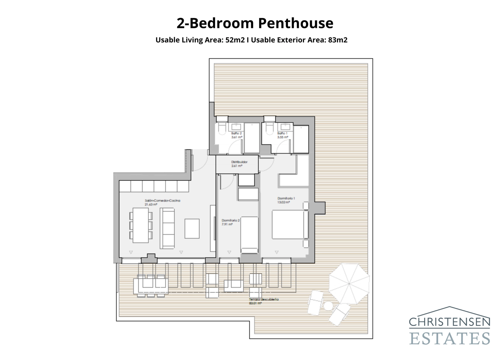 The exclusive two-bedroom penthouse layout boasts an expansive wrap-around terrace, providing exceptional space for entertainment and relaxation.