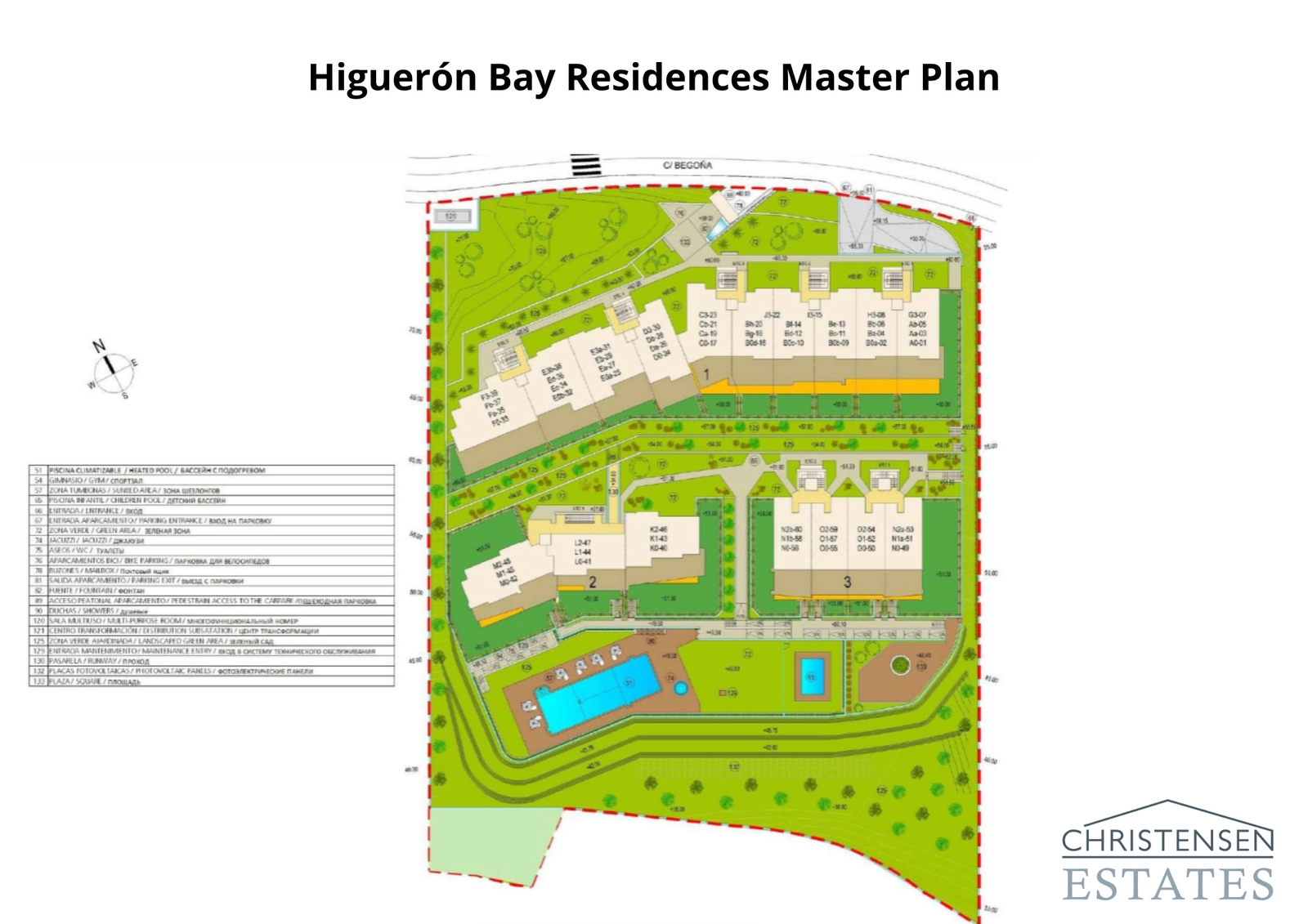 This master plan shows the layout of the three residential blocks, communal pools, and extensive garden areas, highlighting the spacious and well-designed community.