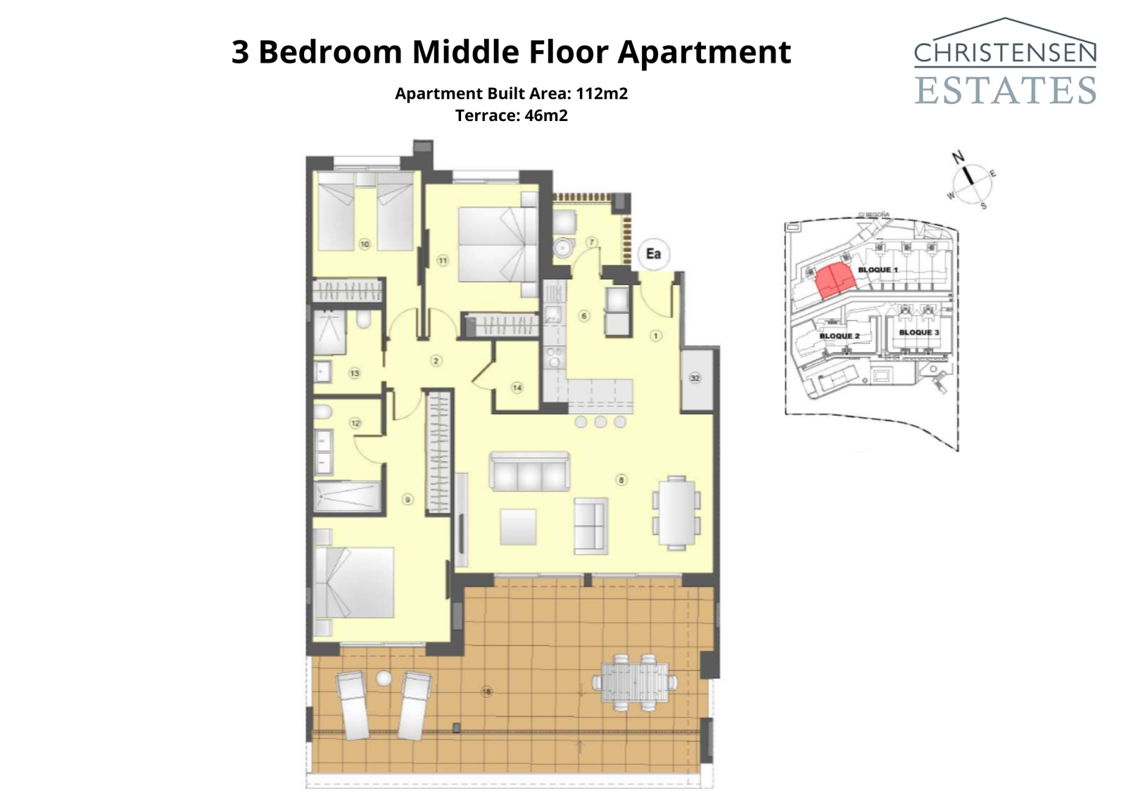 This plan details a three-bedroom apartment, featuring an intelligent distribution of space to maximize comfort and provide a generous terrace for enjoying the views.