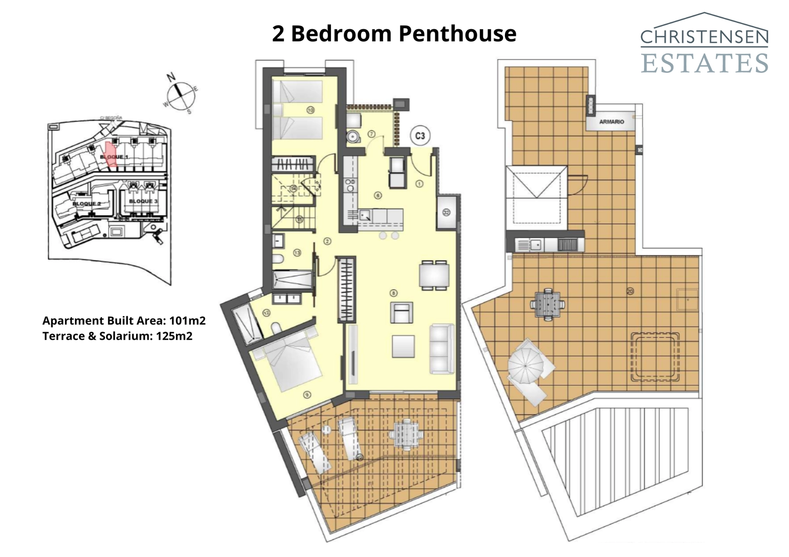 Floor plan for a two-bedroom penthouse, illustrating the flow from the living areas to the terrace and the expansive private solarium on the upper level.