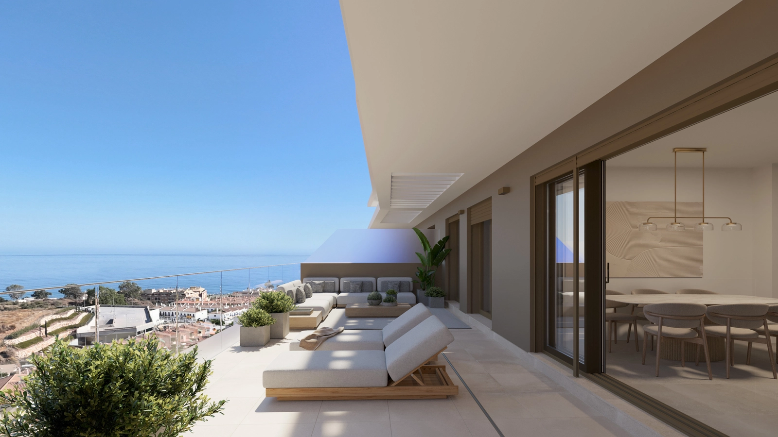 A spacious private terrace designed for relaxing and dining with incredible views of the Mediterranean Sea.