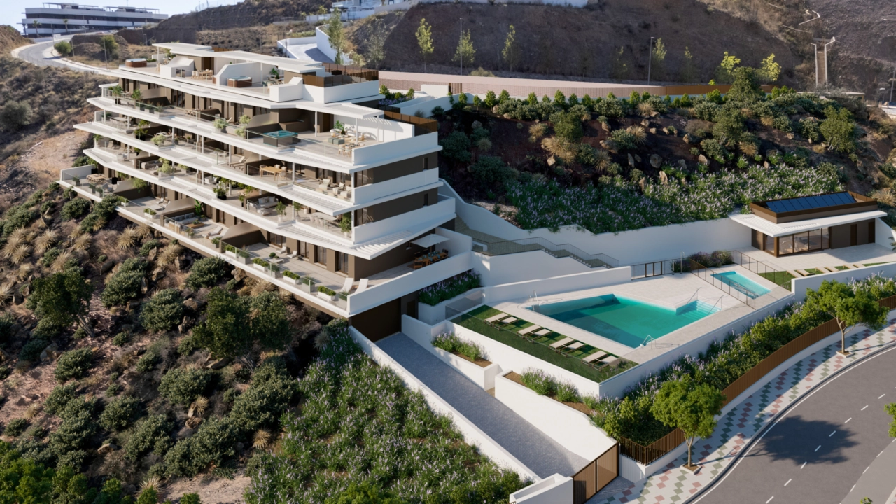 An aerial view showcasing the development's privileged position and communal facilities.