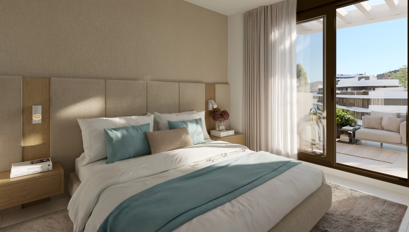 The master bedroom is a peaceful retreat, featuring direct access to a private terrace and beautiful views.