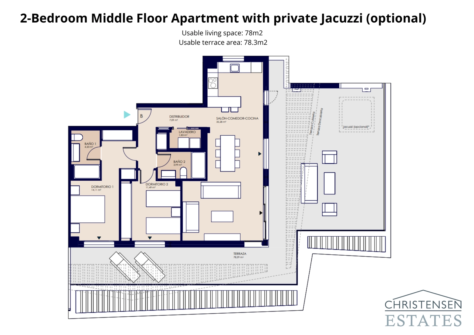 A unique two-bedroom floor plan that includes an expansive private terrace with an optional jacuzzi for ultimate relaxation.