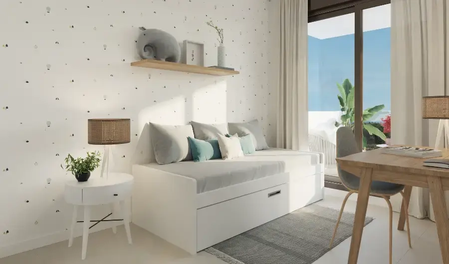A welcoming second bedroom, versatile enough to be a guest room, child's room, or home office.