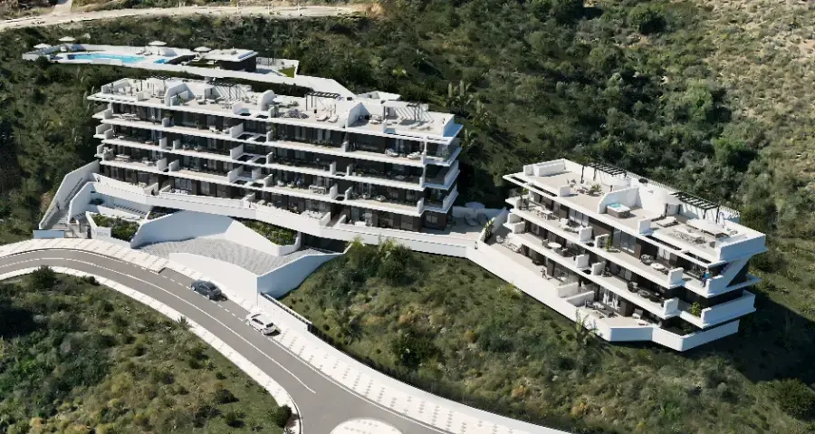 An aerial view showcasing the strategic positioning of the buildings to maximize views and privacy.