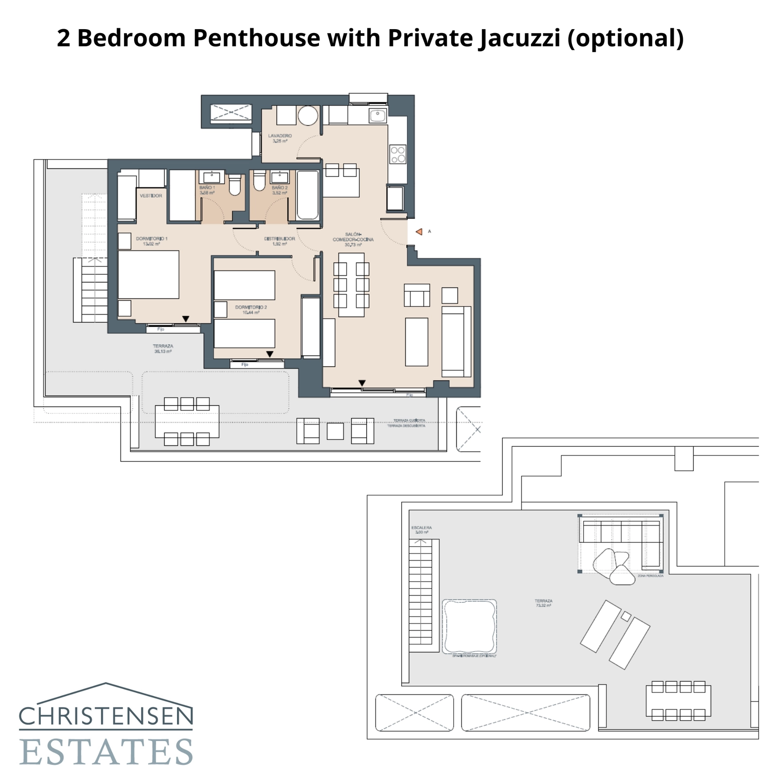 The two-bedroom penthouse layout, featuring a magnificent rooftop solarium for the ultimate private retreat.