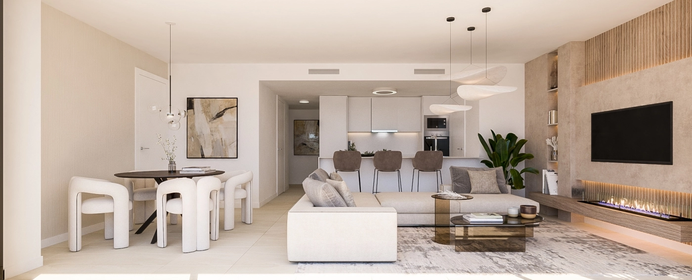 Bright and spacious open-plan living area, seamlessly connected to the modern kitchen and dining space.