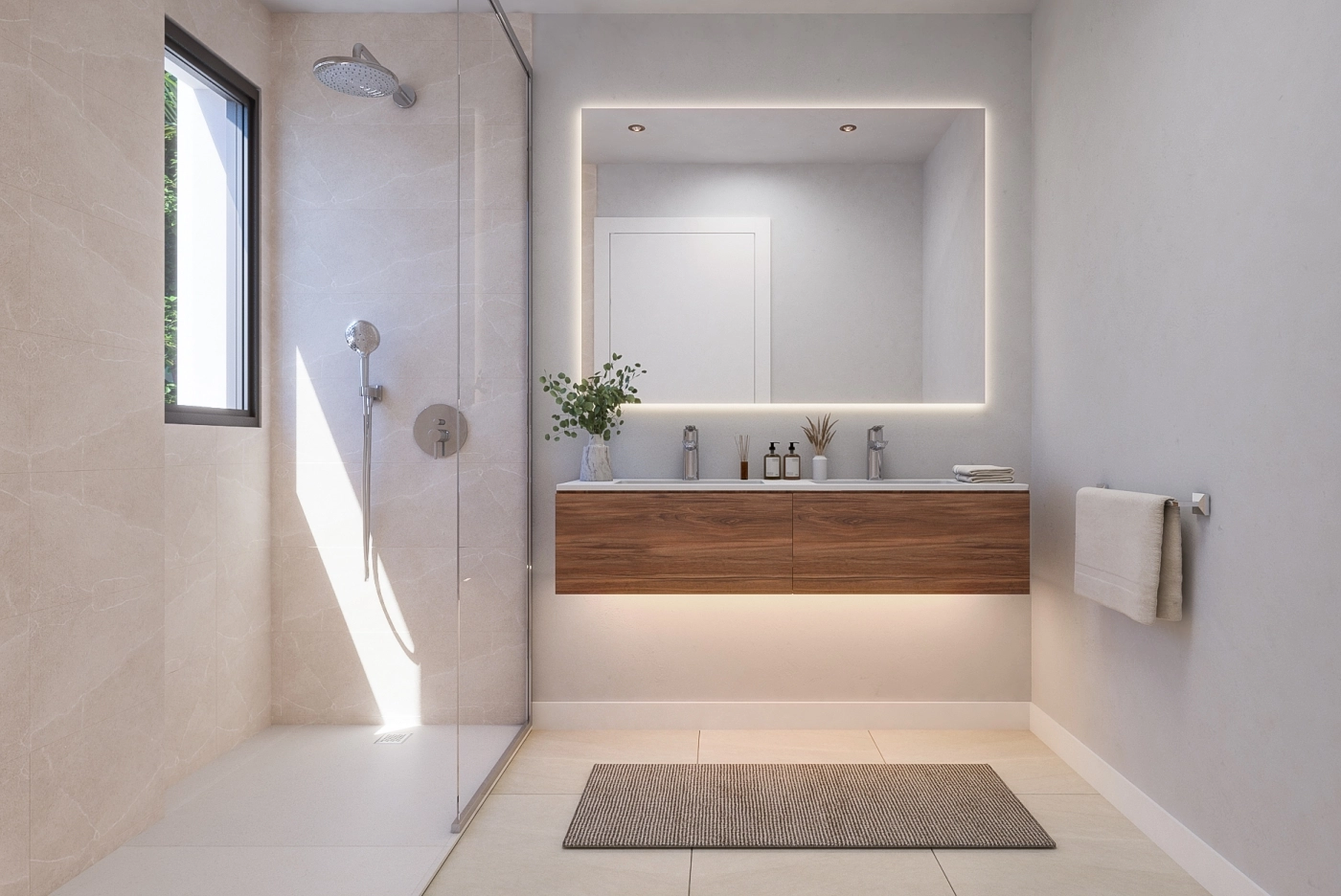 A stylish and modern bathroom featuring high-quality finishes, a walk-in shower, and elegant lighting.