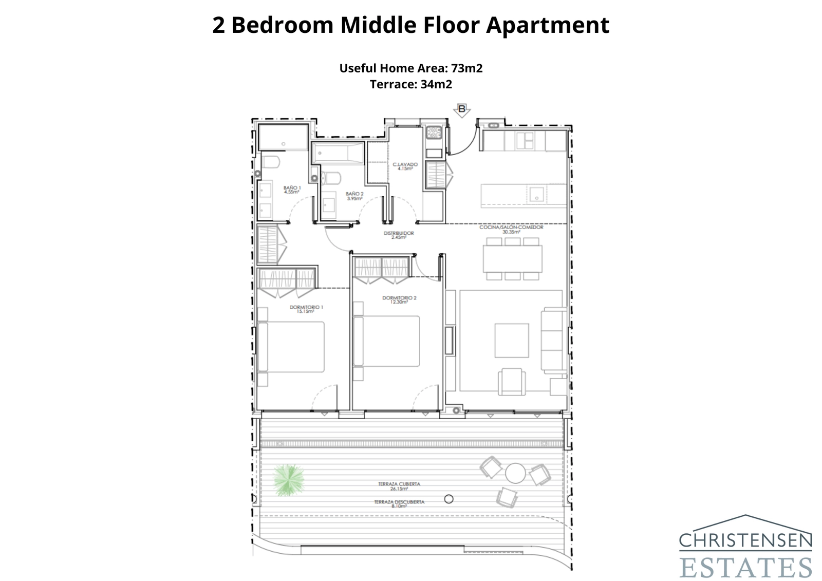 Layout for a two-bedroom residence, designed for comfort with a generous terrace to enjoy the outdoors.