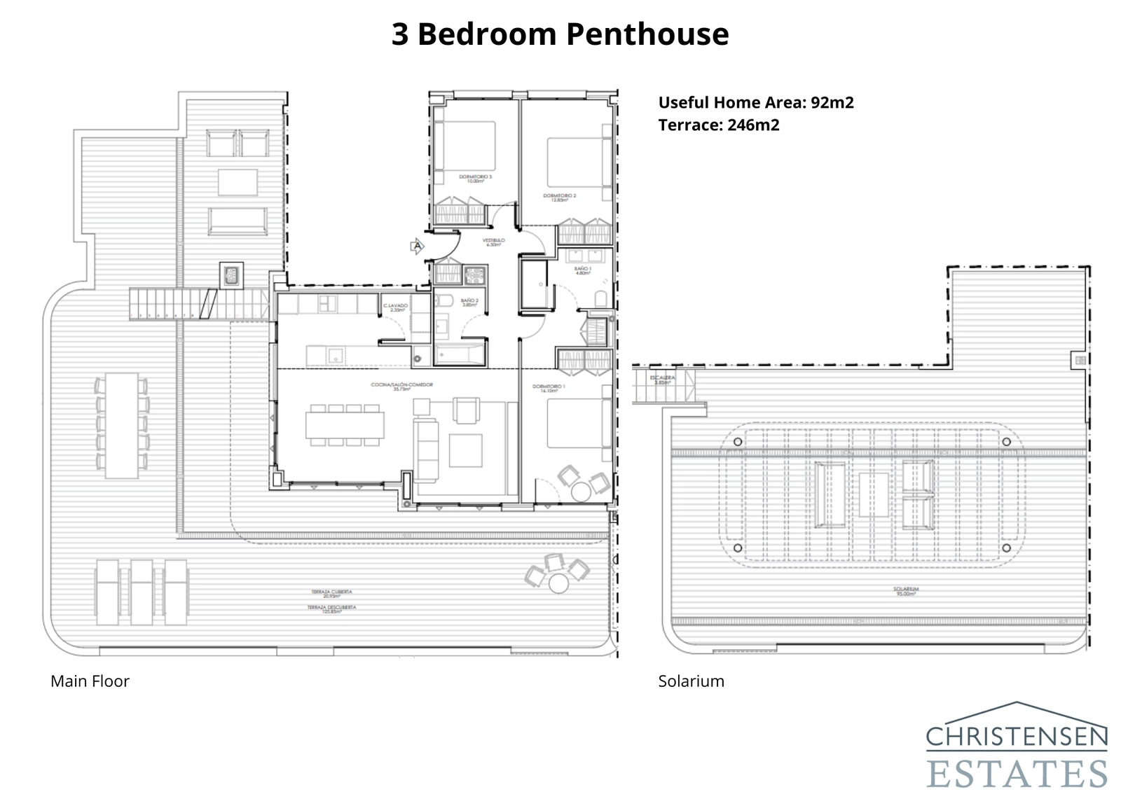 The expansive three-bedroom penthouse layout, featuring a vast solarium for the ultimate luxury lifestyle.
