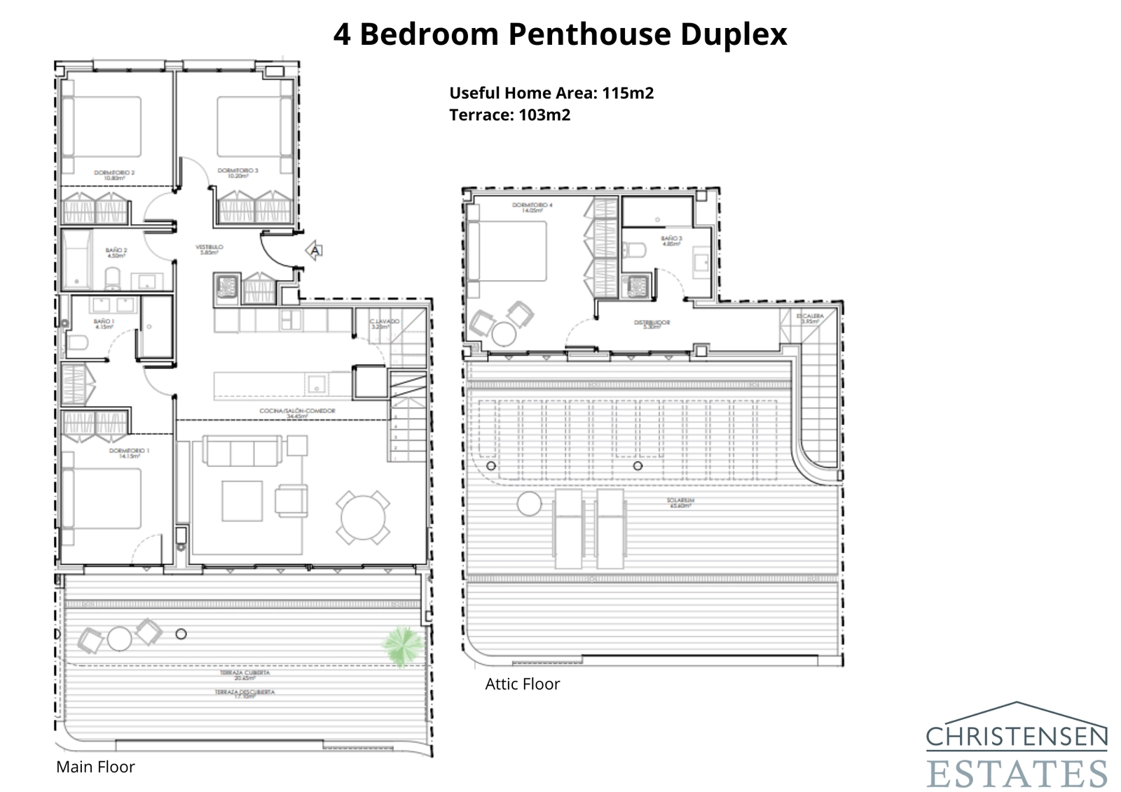 A spacious four-bedroom duplex penthouse floor plan, with living areas spread across two levels for optimal privacy and space.