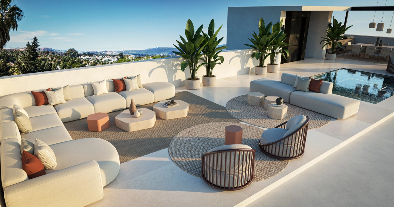 The expansive rooftop solarium offers panoramic views, creating an ideal setting for relaxation or entertaining guests.