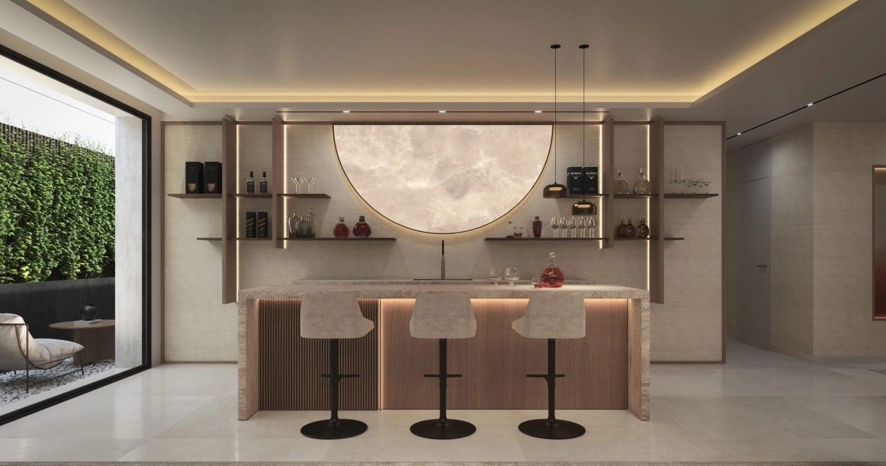 A stylish bar and lounge area in the basement offers a sophisticated space for hosting friends and family.