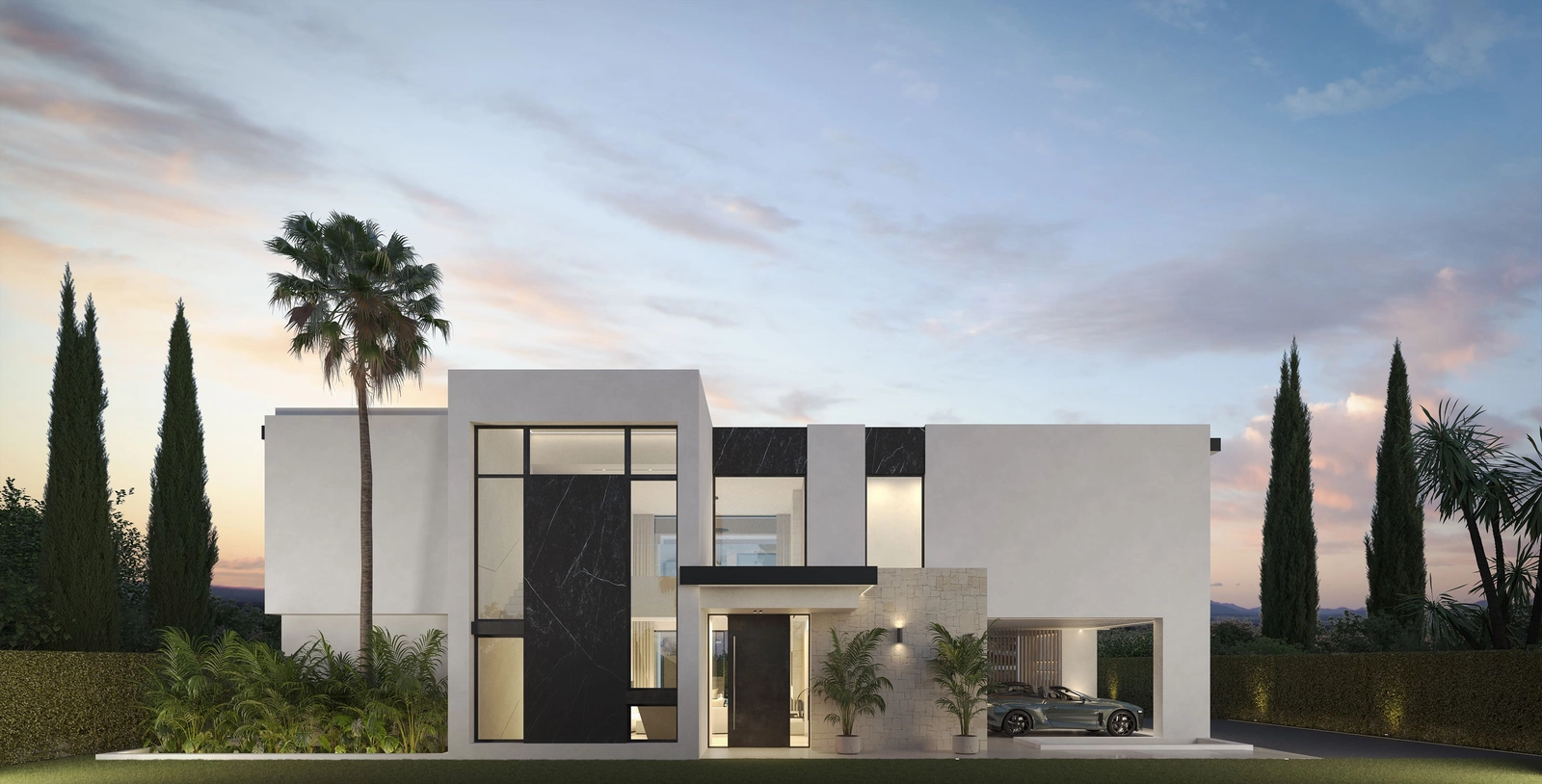 The villa's striking contemporary facade combines clean lines with natural materials for a timeless look.