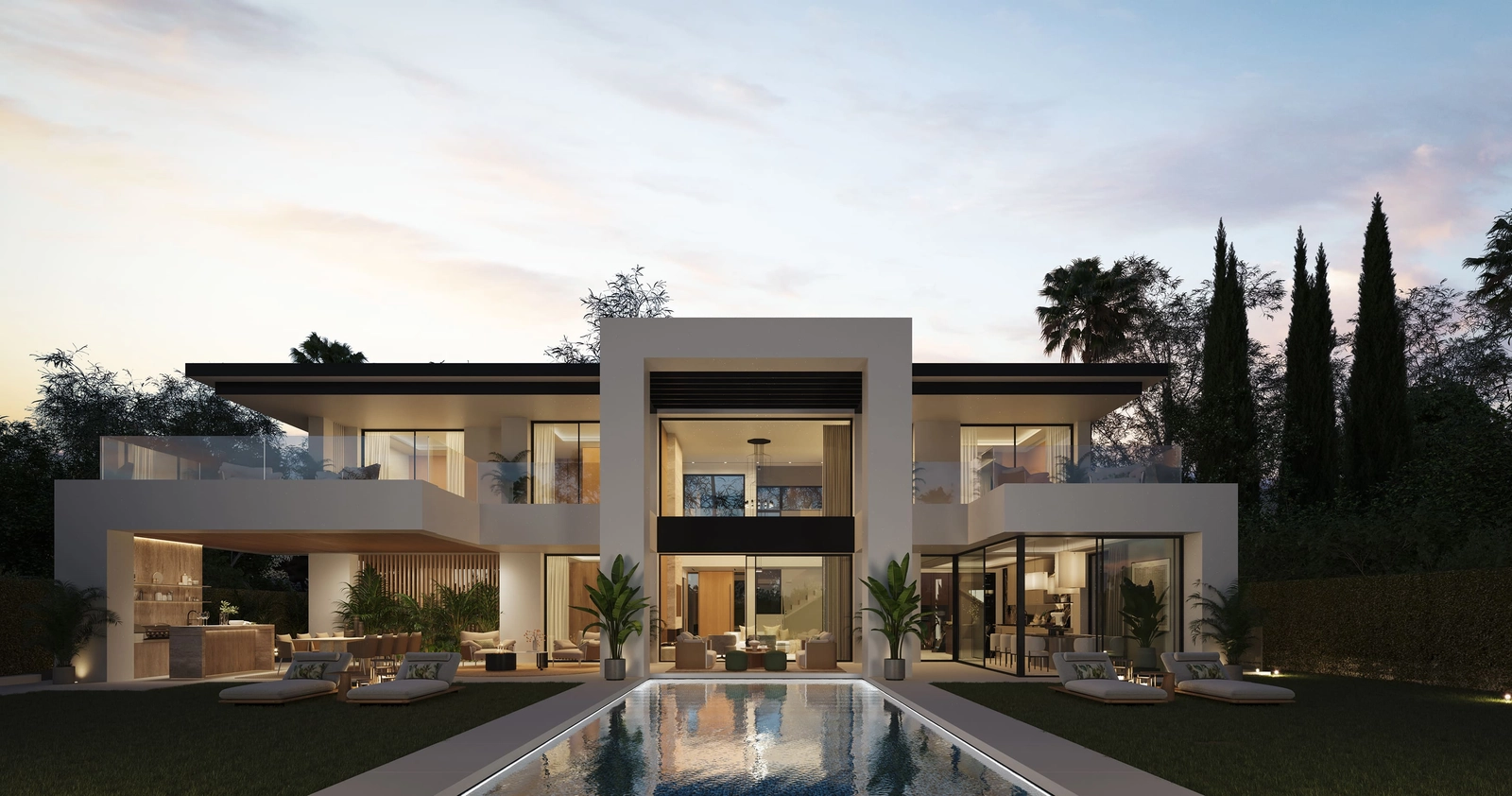 As evening arrives, the villa's elegant lighting creates a warm and inviting atmosphere around the private pool and garden.