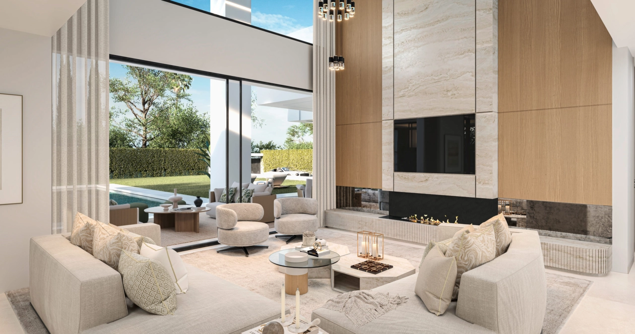 A stylish living room, centered around a modern fireplace, offers a comfortable and elegant space for family and friends.