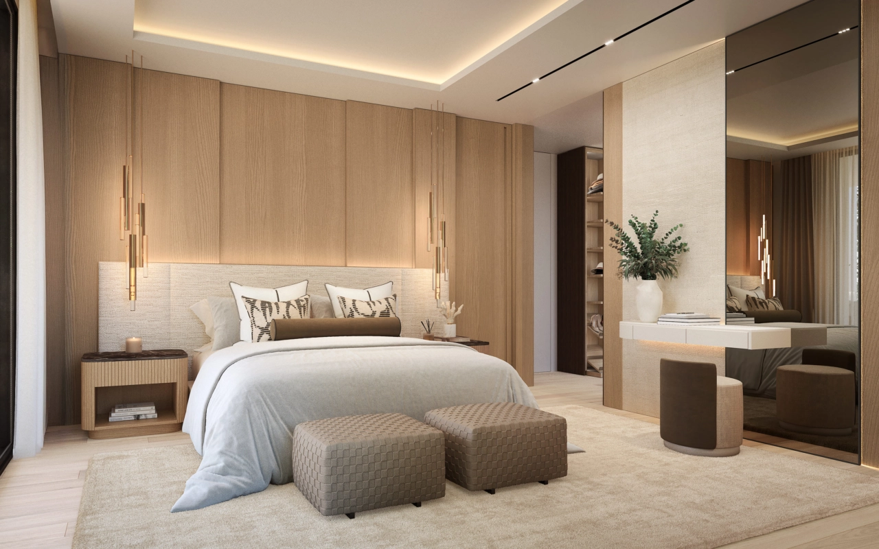 The serene master bedroom is a private retreat, featuring warm tones and soft lighting for ultimate comfort.