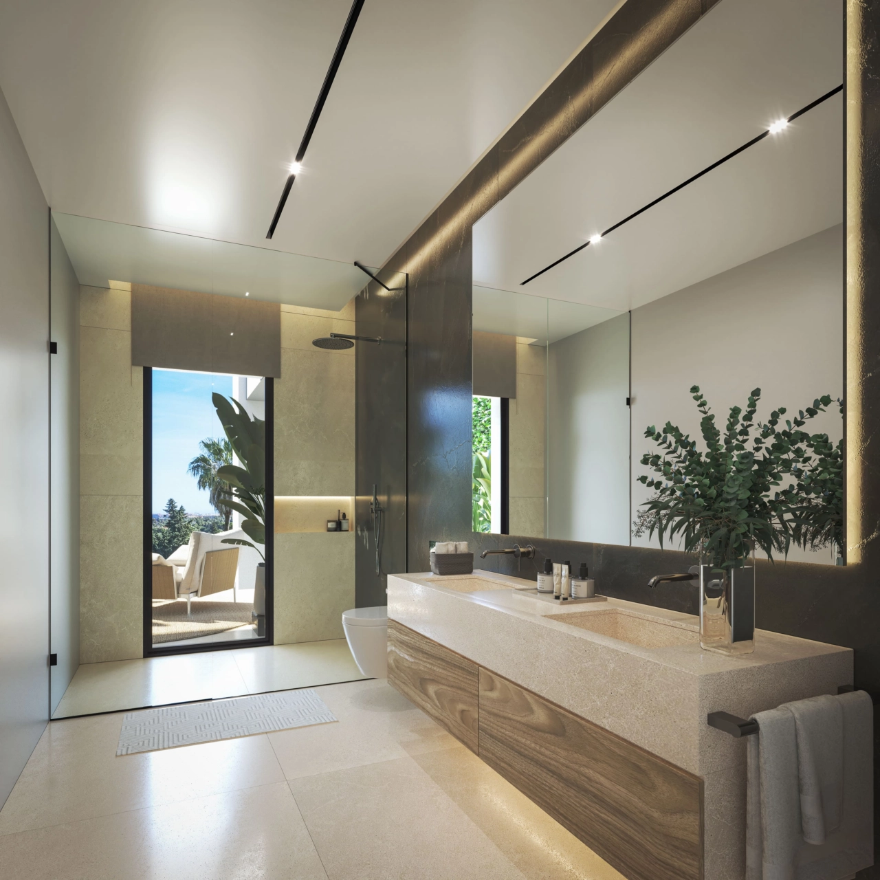 The master bathroom combines luxury and natural light, featuring a spacious walk-in shower and high-quality fittings.