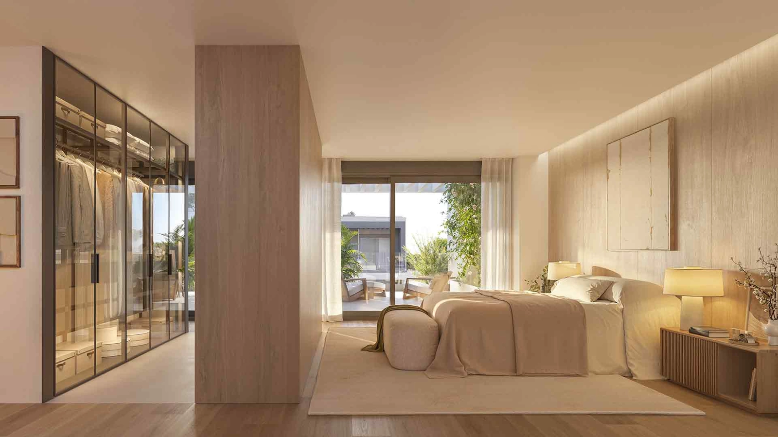 The master bedroom offers a tranquil retreat with elegant design and direct access to a private terrace.