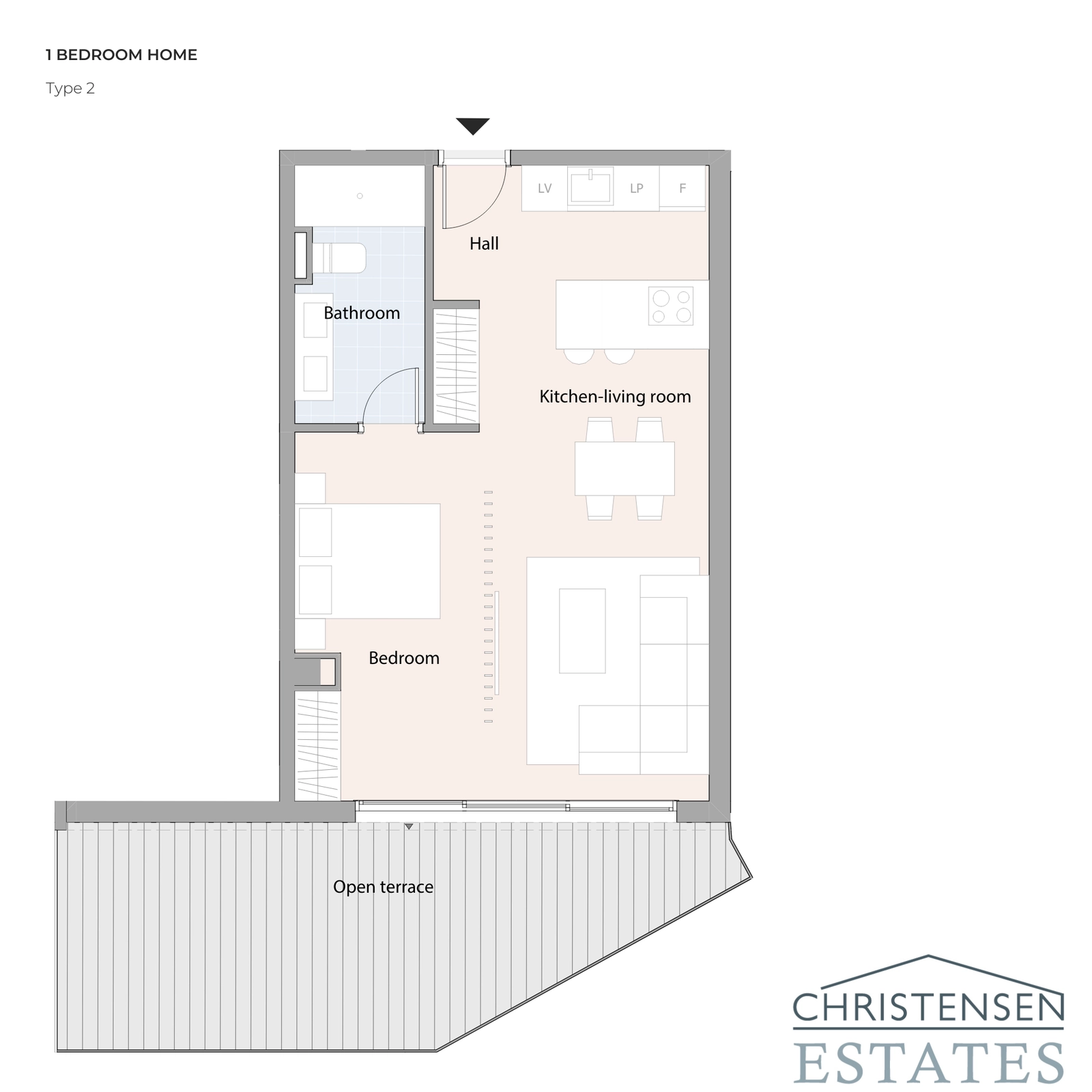 One-bedroom apartment layout, designed for comfort with a generous open terrace to enjoy the outdoors.