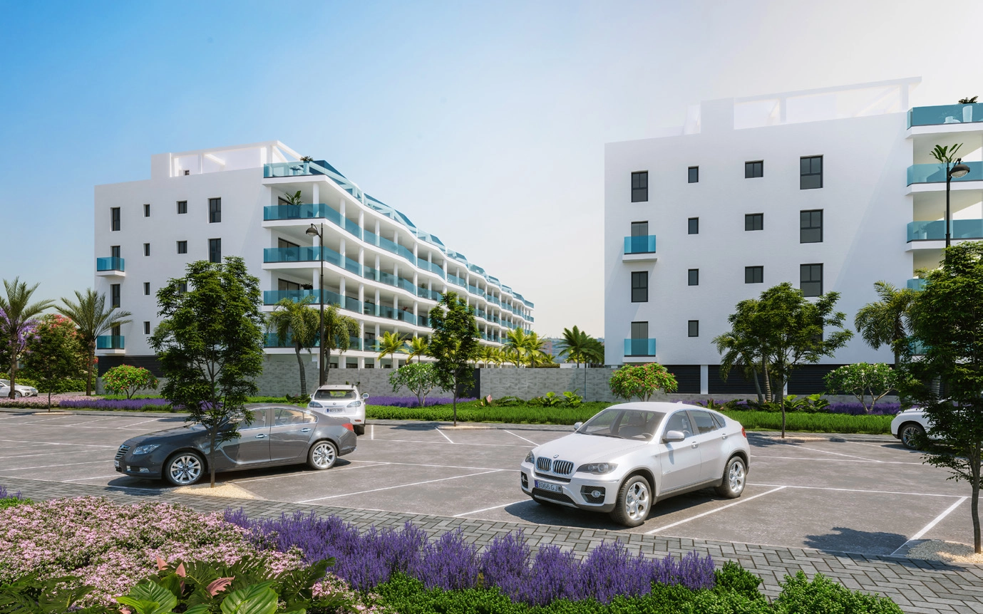 The contemporary architecture of Jardines de las Lagunas, designed for modern living on the Costa del Sol.