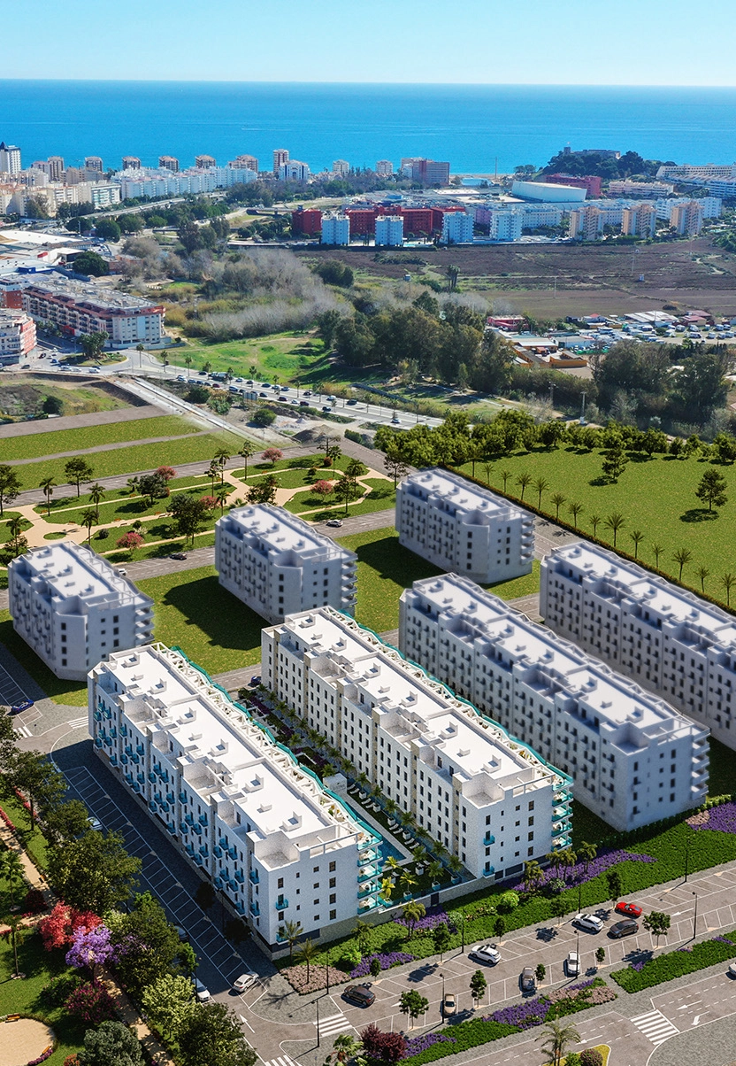 An aerial view showcasing the development's privileged location and its proximity to the Mediterranean Sea.
