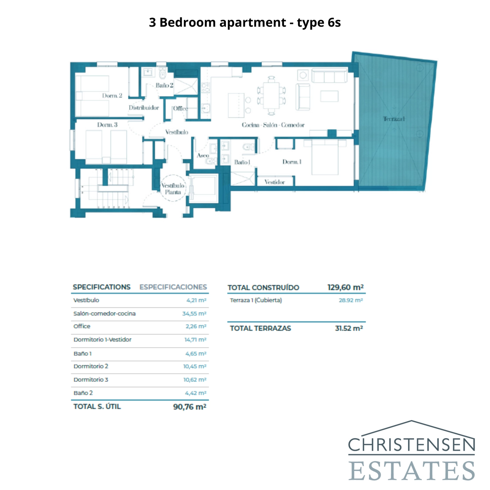 Layout for a spacious 3-bedroom apartment, featuring an integrated living area and a generous private terrace.