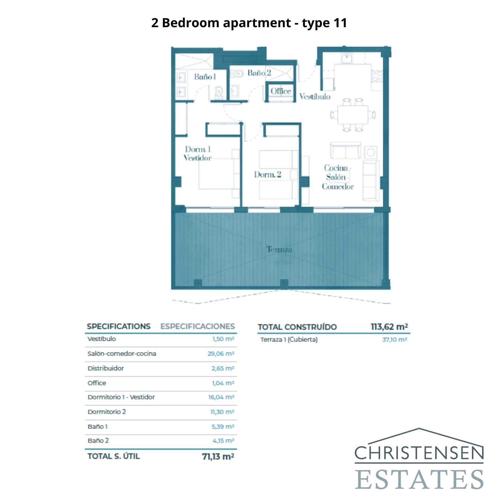 This 2-bedroom apartment layout offers a practical design with a large terrace, perfect for enjoying the views.