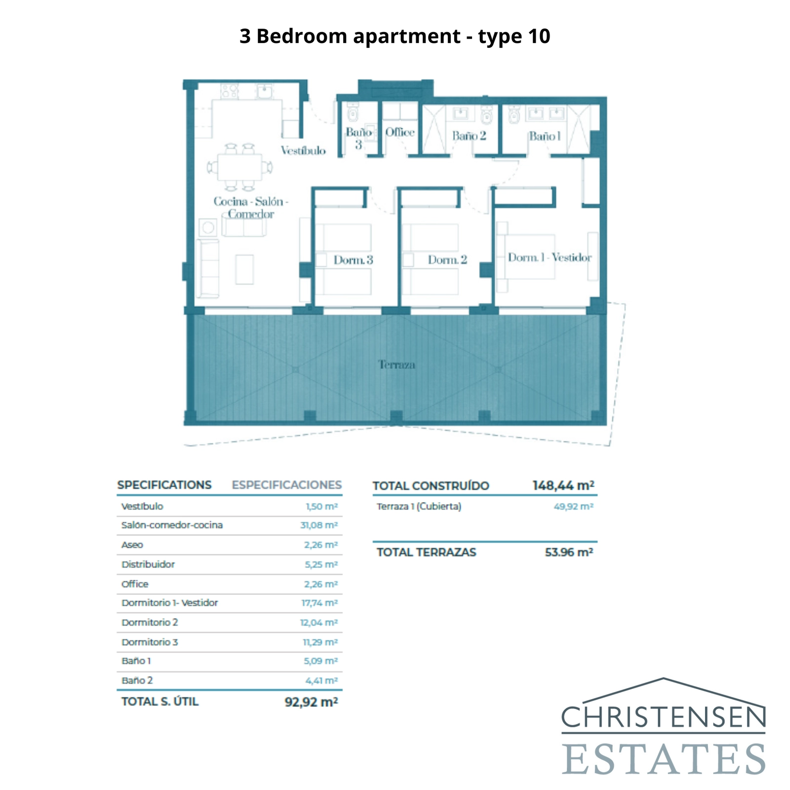 A superb 3-bedroom corner apartment layout with an expansive wrap-around terrace for exceptional outdoor living.