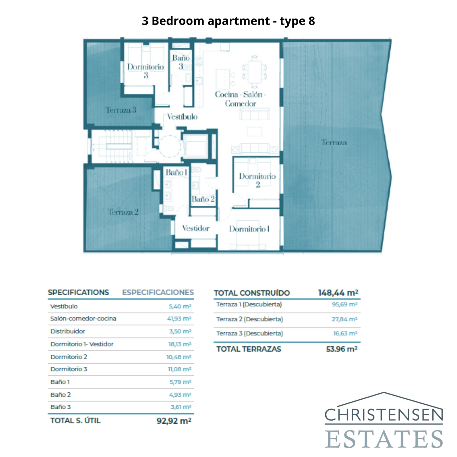 Floor plan for a remarkable 3-bedroom penthouse, complete with multiple terraces to enjoy sun and shade throughout the day.