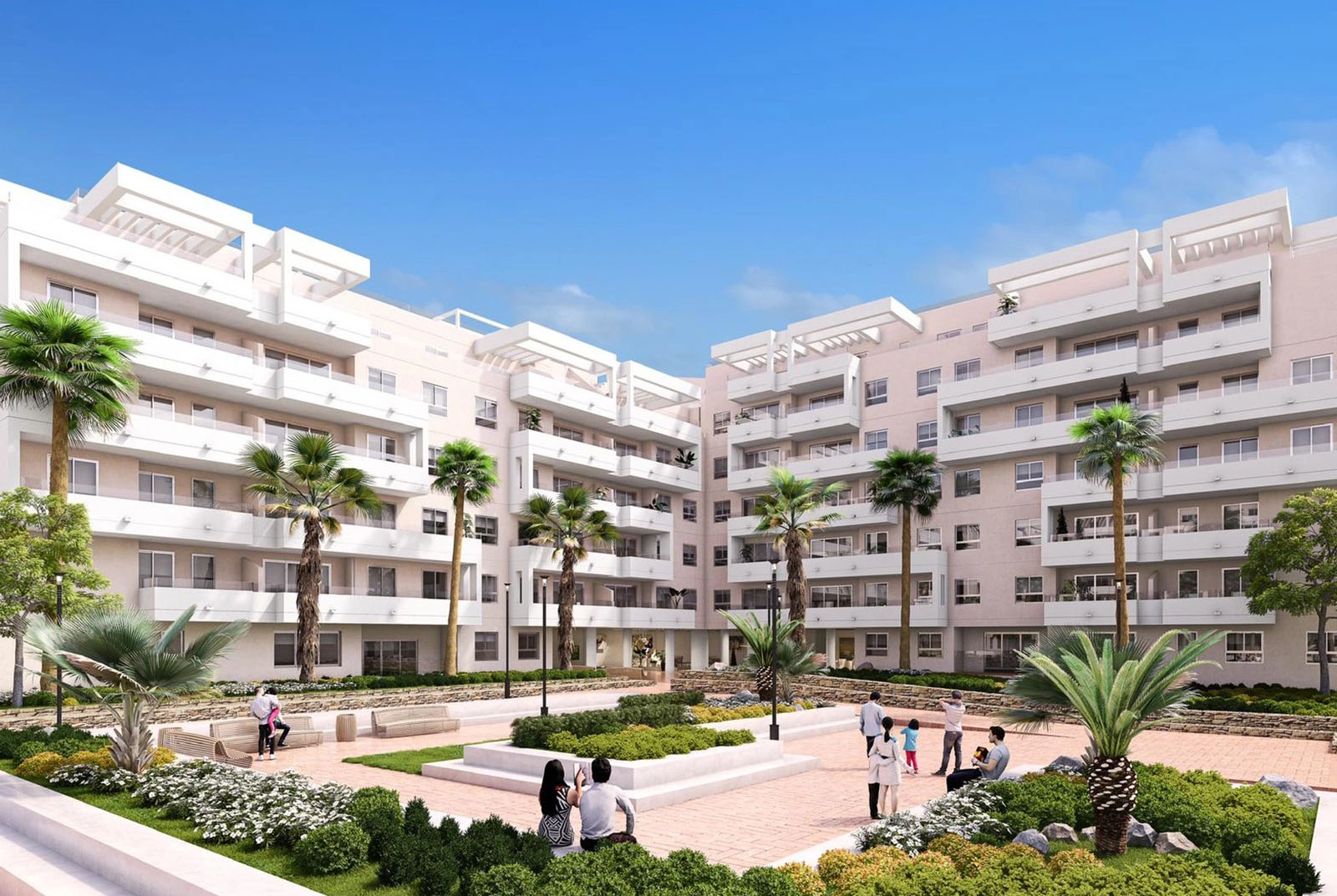 Beautifully landscaped gardens and communal squares create a serene residential environment.