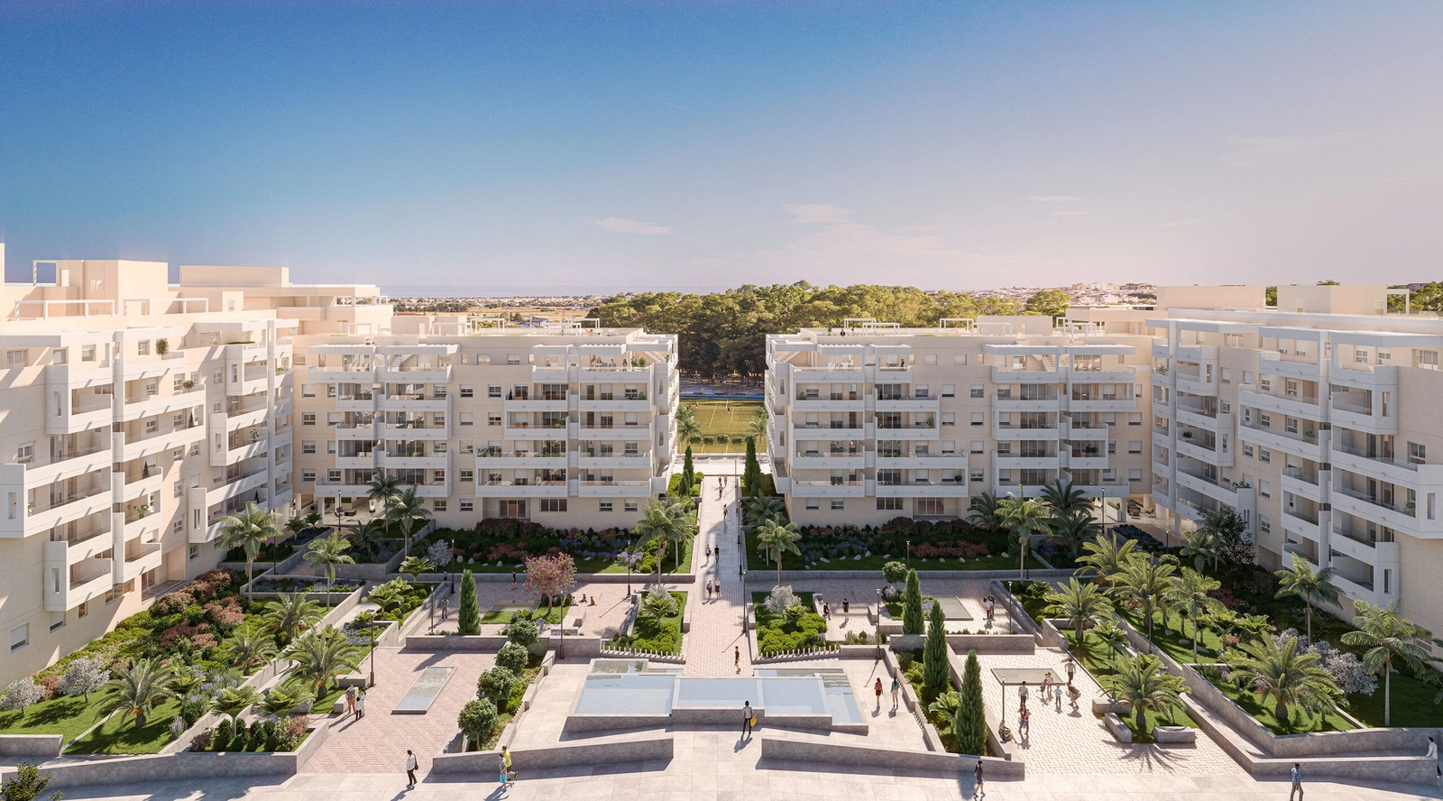 An aerial view showcases the development's beautiful layout, nestled within lush greenery on the Costa del Sol.