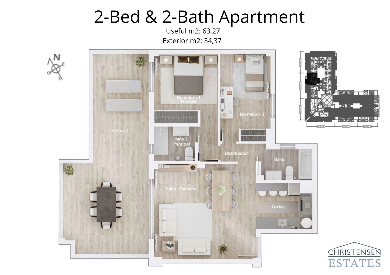 A thoughtfully designed two-bedroom apartment layout, featuring a spacious living area that extends onto a generous terrace.