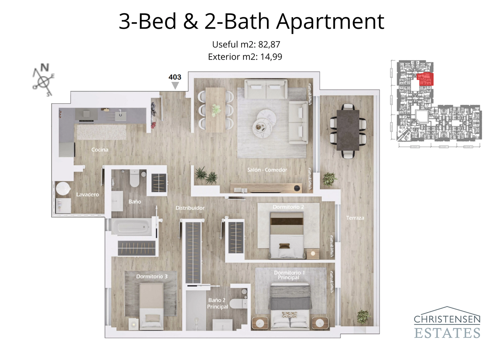 This three-bedroom floor plan offers a perfect balance of communal and private spaces, with a large master suite.