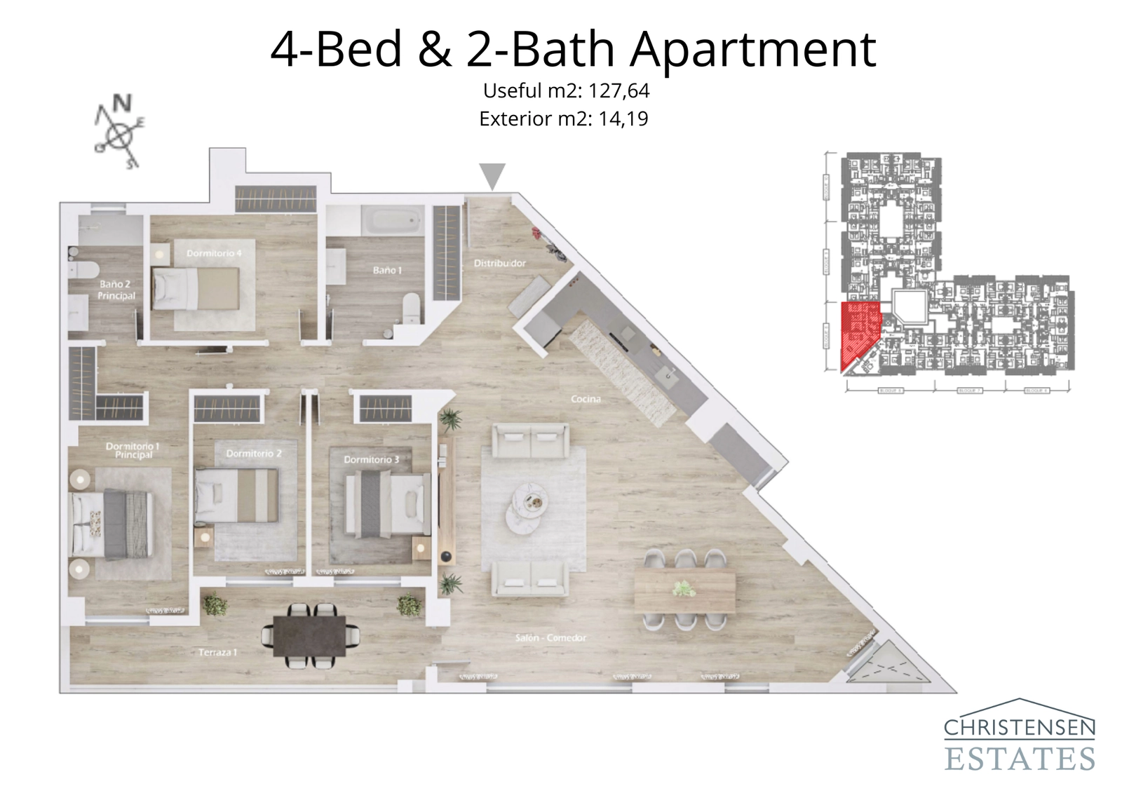 An expansive four-bedroom layout ideal for families, showcasing an open-plan living and dining area for effortless entertaining.