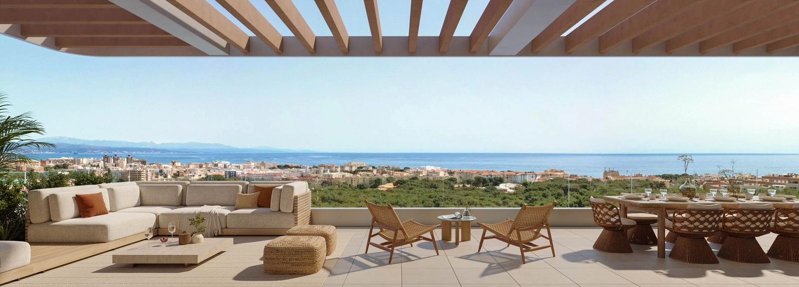 The penthouse terrace offers panoramic views over the Costa del Sol.