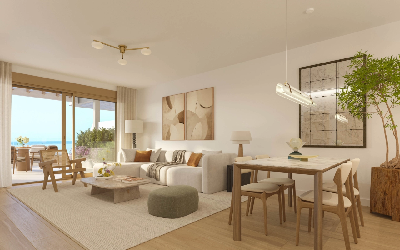 Elegant interiors are flooded with natural light from large windows.