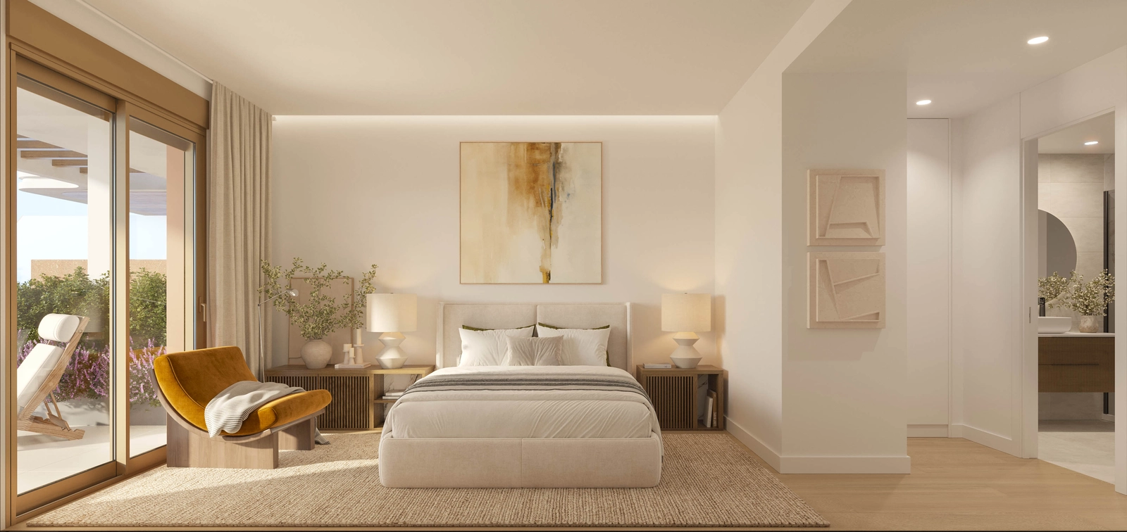 The master bedroom is a peaceful retreat with direct access to a private terrace.