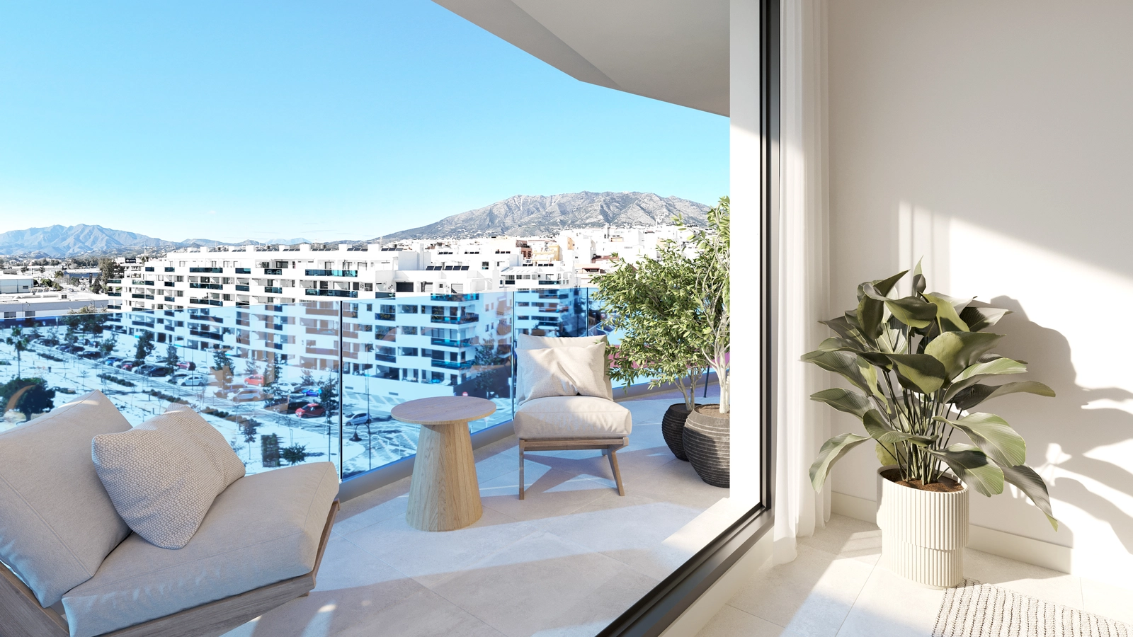 A spacious private terrace offering beautiful views, perfect for relaxing and enjoying the sunny Costa del Sol weather.