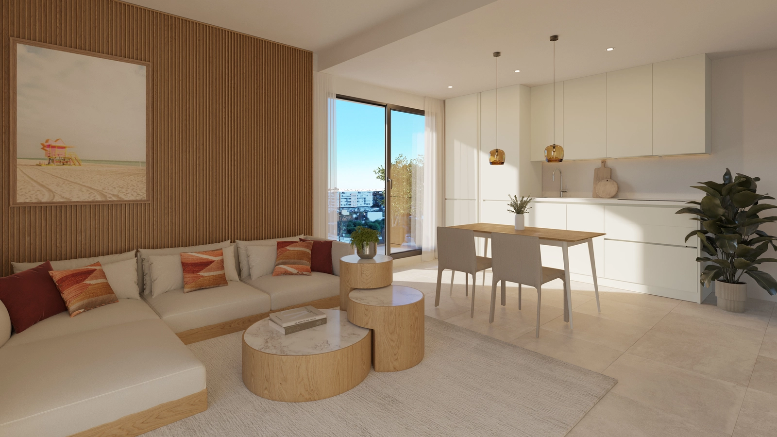 The bright and modern living space, designed with an open-plan layout that connects seamlessly with the kitchen and dining area.
