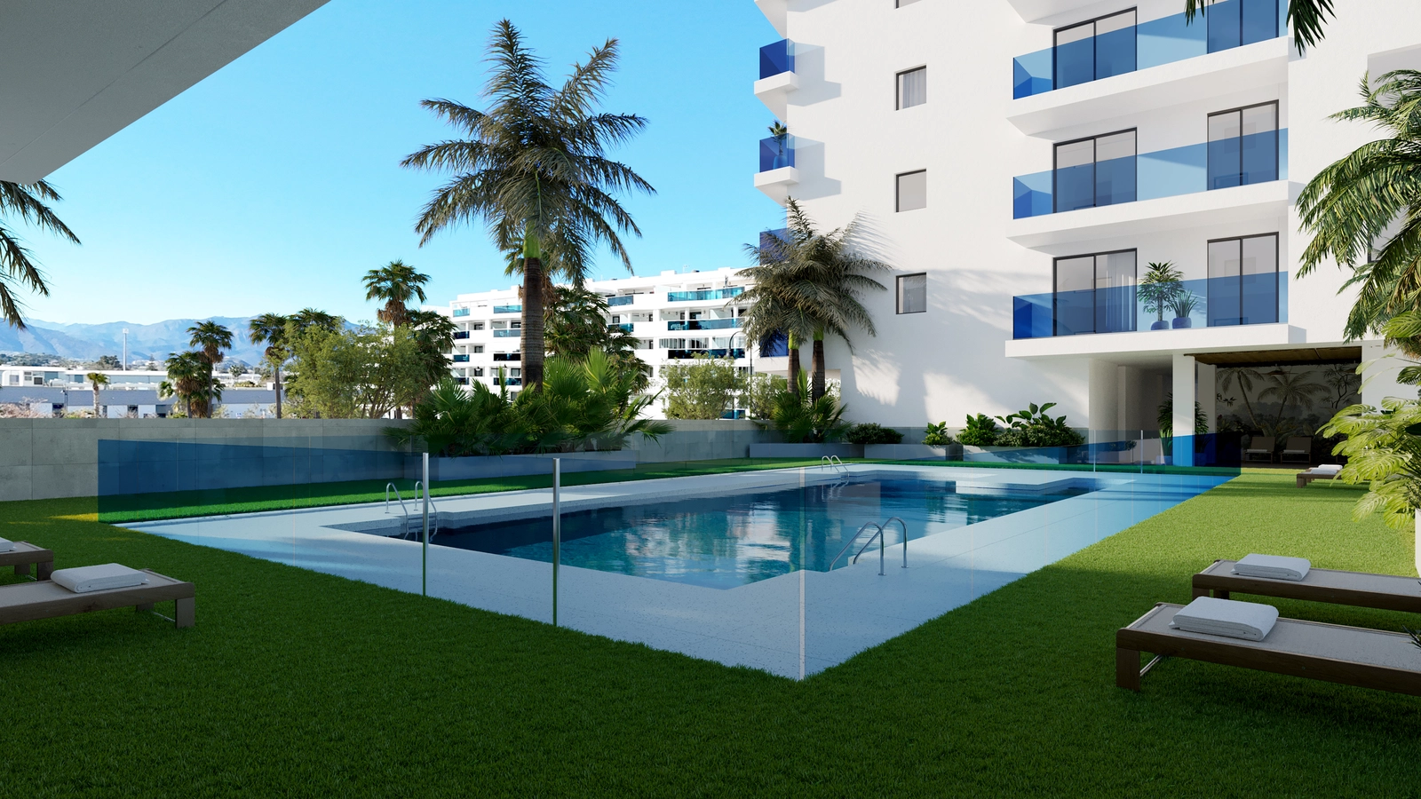The inviting communal swimming pool, a refreshing retreat set within beautifully maintained green areas for residents to enjoy.