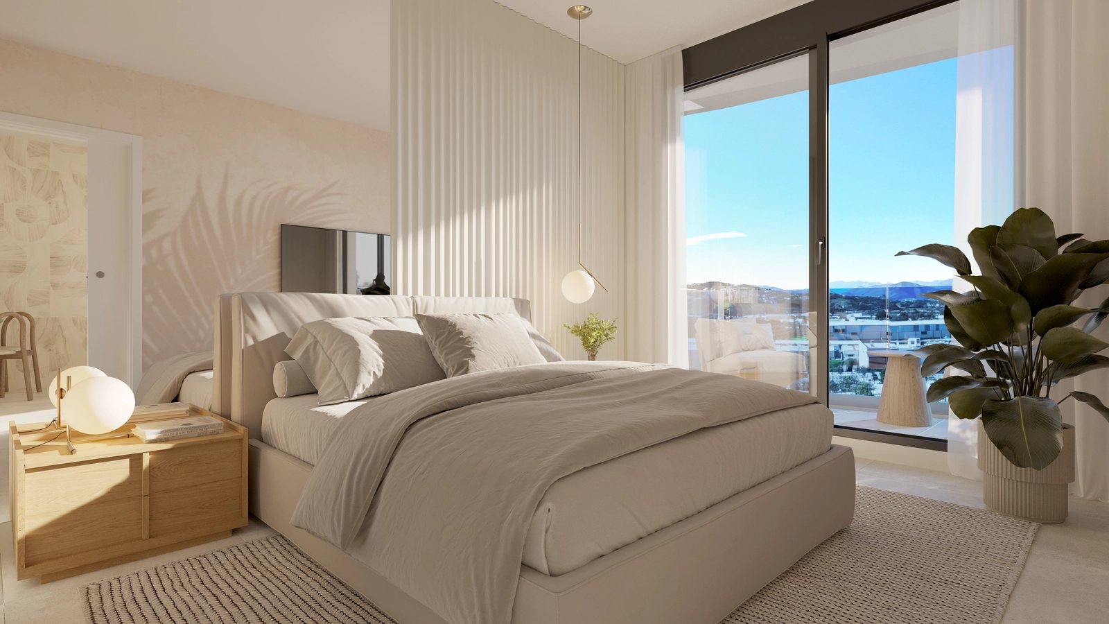 A tranquil and stylish bedroom, filled with natural light and designed for ultimate comfort and rest.