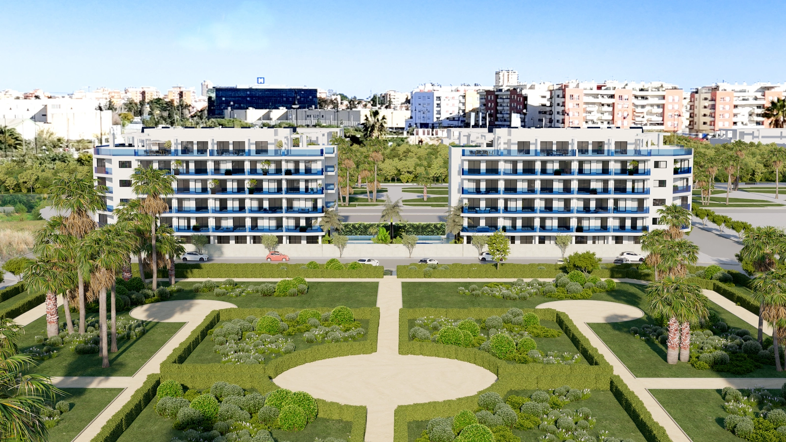 View of the development's elegant architecture, framed by landscaped gardens and palm trees.