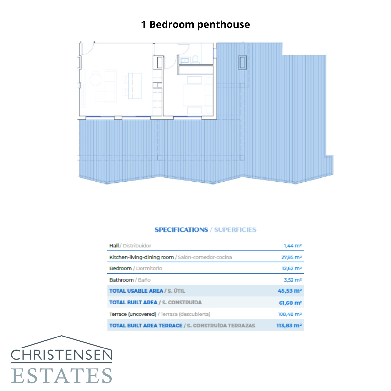 The one-bedroom penthouse layout, featuring a generous open-plan living space and an exceptionally large terrace designed for an indoor-outdoor lifestyle.