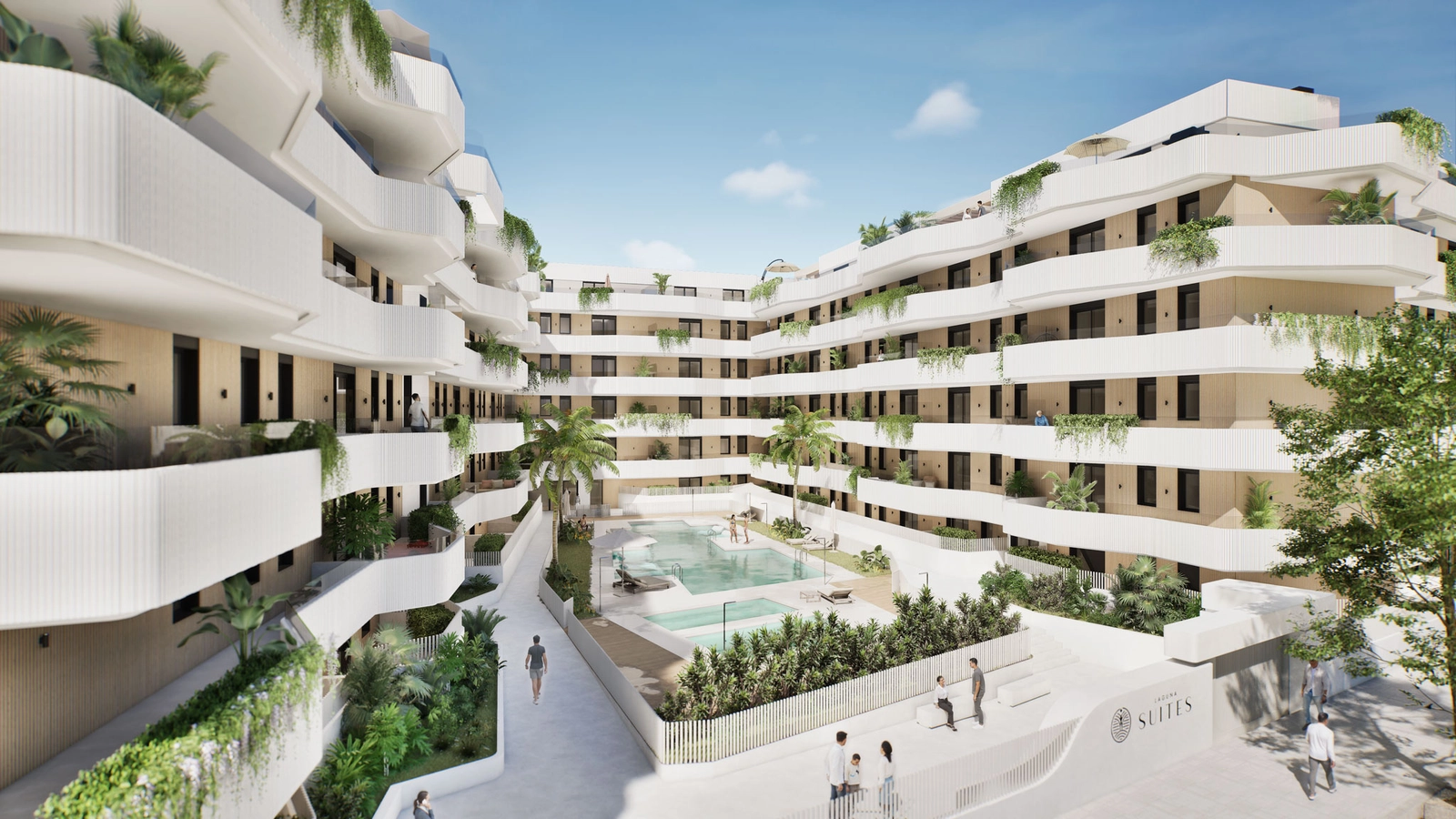 An aerial view of the stunning organic architecture and central pool area of this exclusive Costa del Sol development.