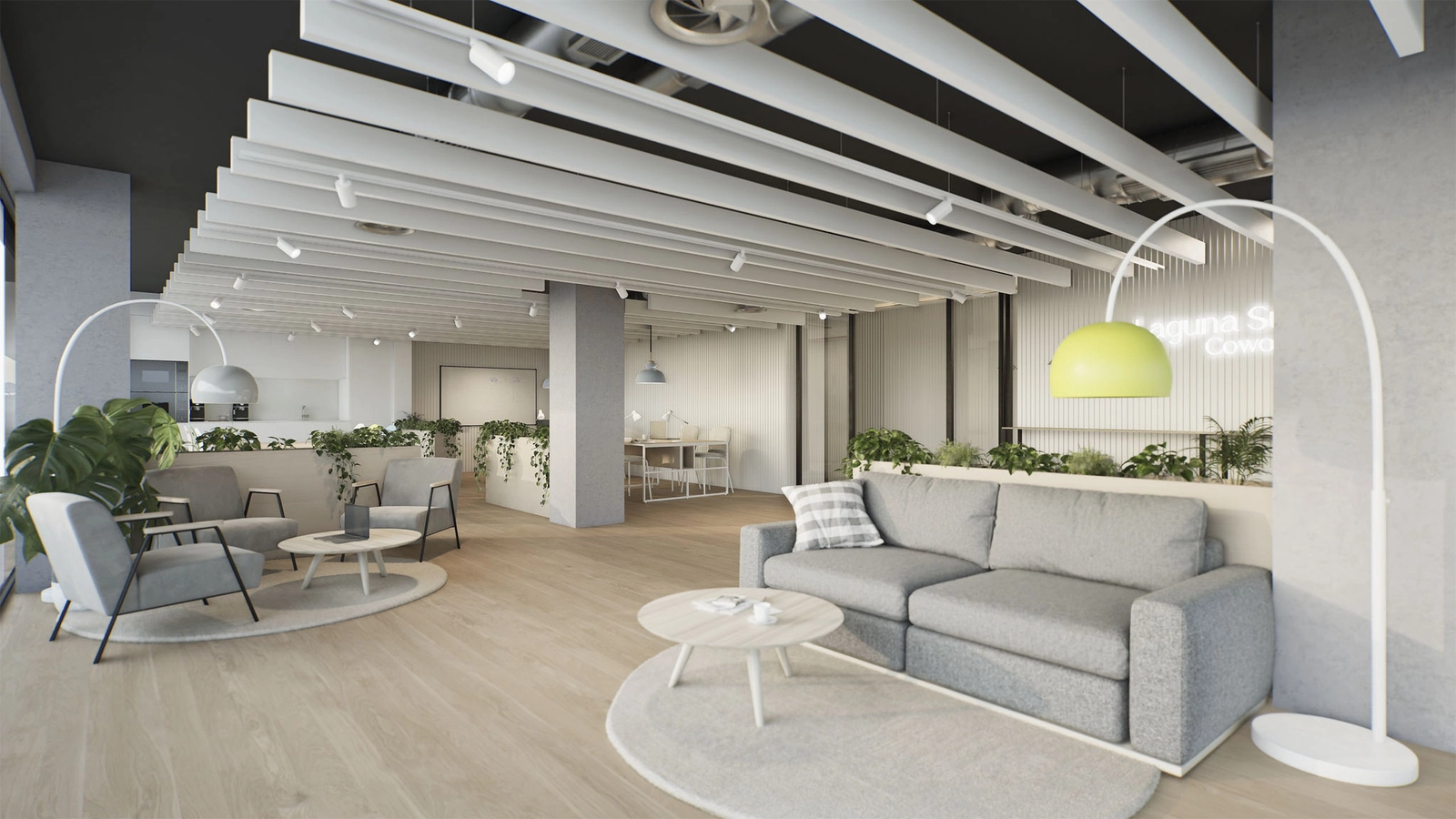 A comfortable co-working lounge where residents can work, meet, or relax.