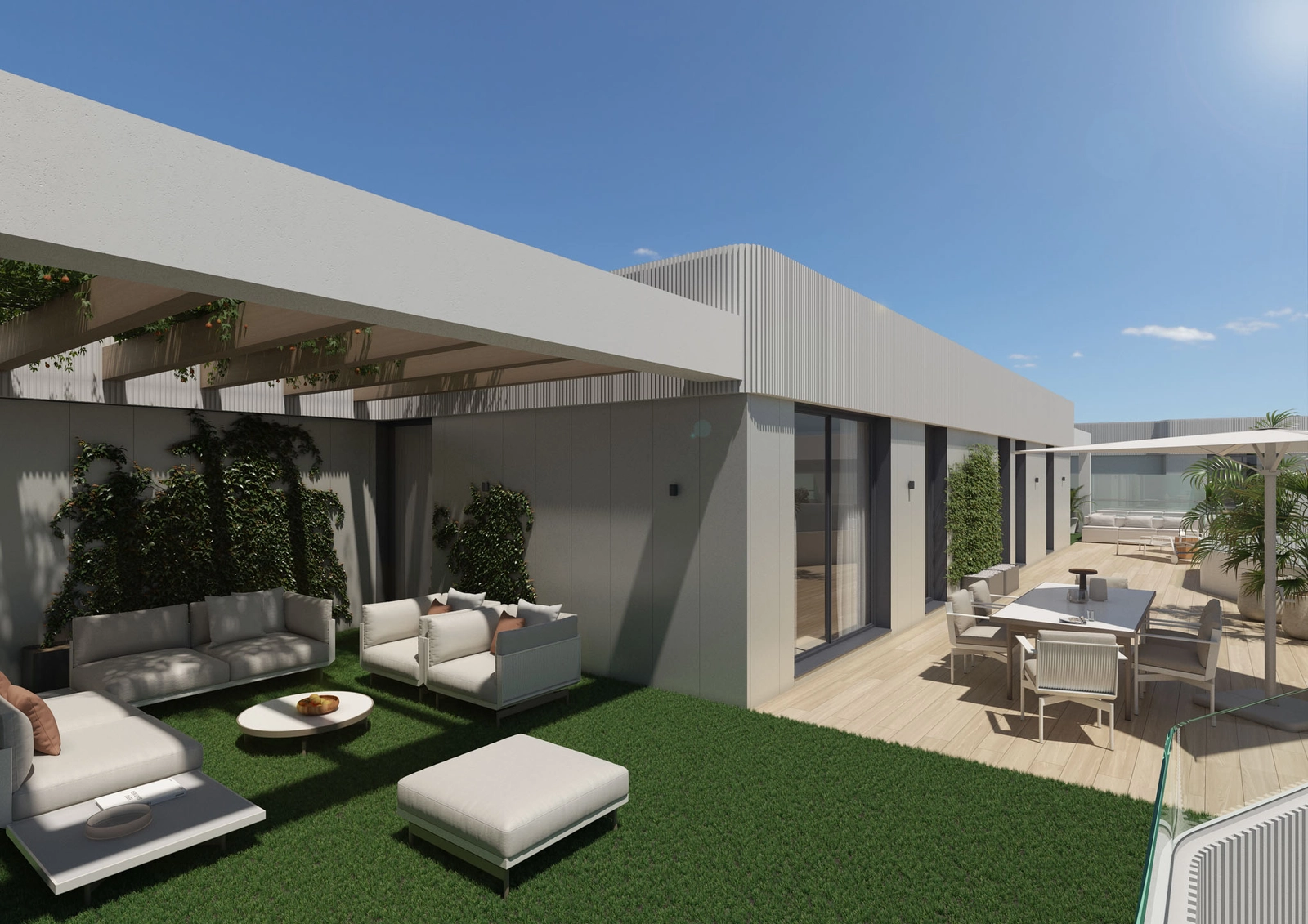 An expansive penthouse terrace, designed for elegant outdoor living and entertaining.